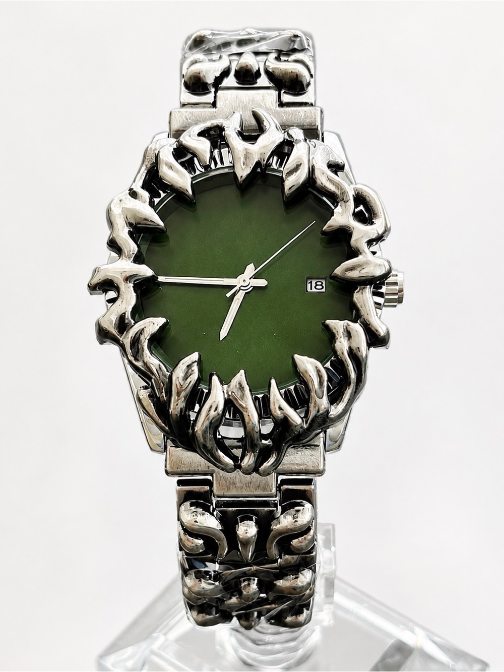 Silver Gothic Thorn Watch • Green Dial • Statement Bracelet